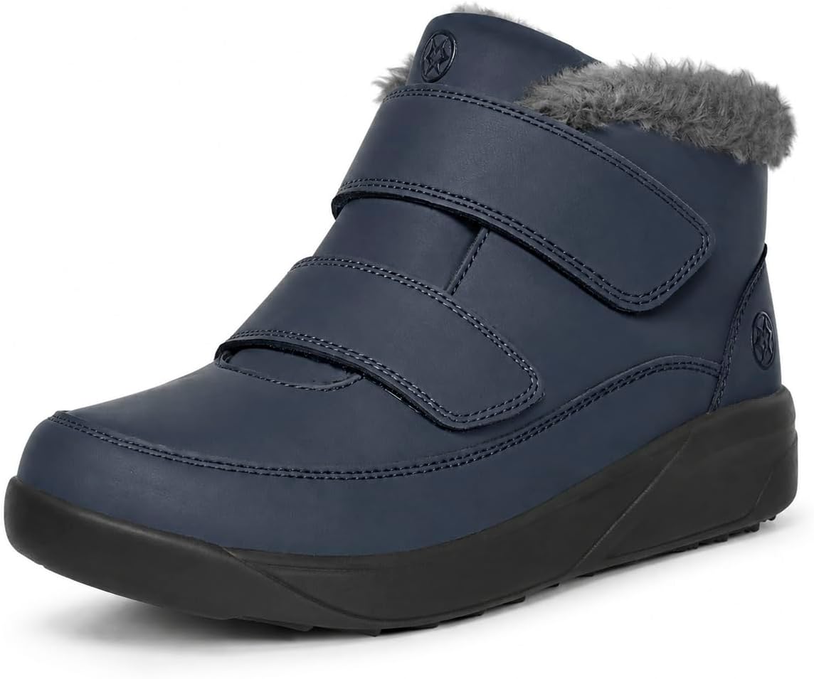 Men's warm ankle boots worn outdoors on a cold winter day