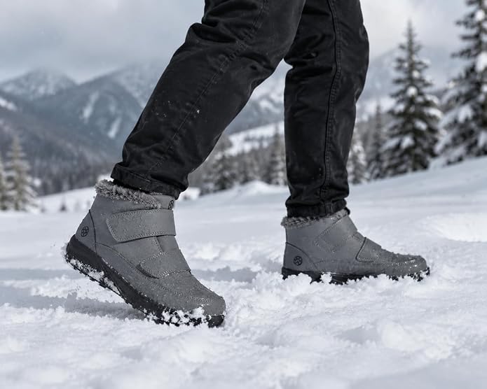 Men's ankle boots in grey with velcro strap and grip sole
