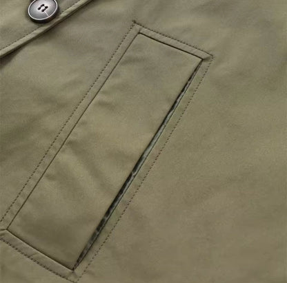 Back view of women's slim-fit hooded trench coat in beige