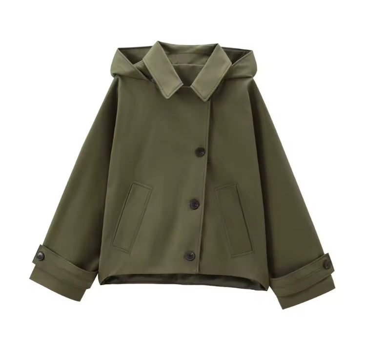 Novia hooded trench coat for women in khaki, button-up front detail
