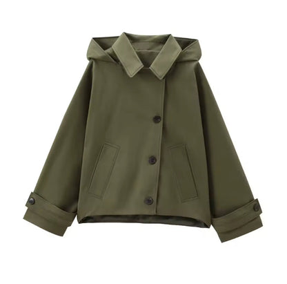 Novia hooded trench coat for women in khaki, button-up front detail