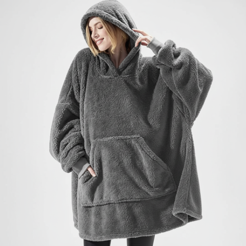 Olive green oversized fleece hoodie robe for women — front view