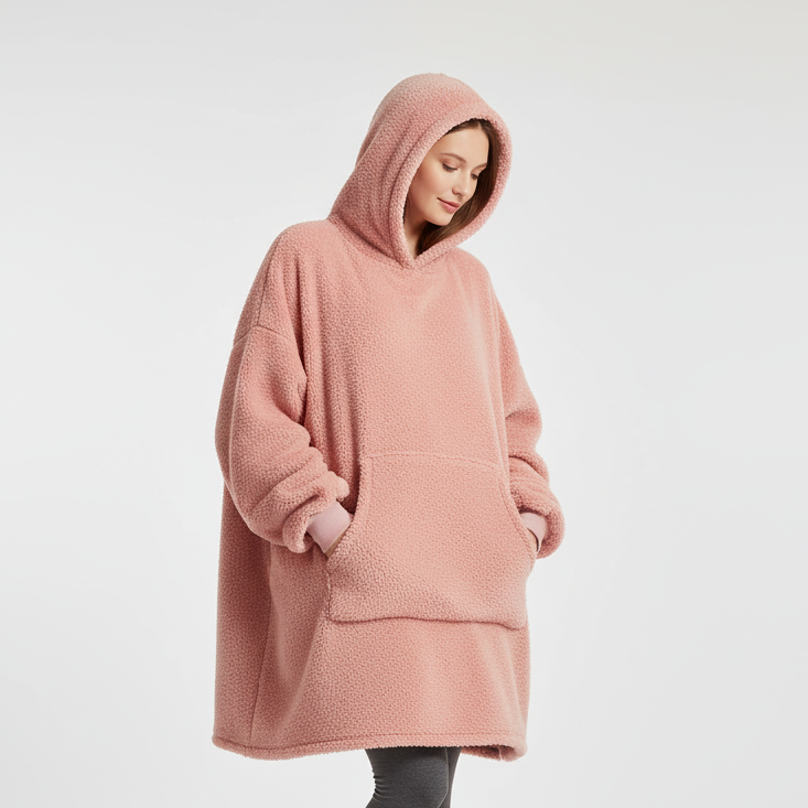 Wine red oversized fleece robe with roomy hood — side view