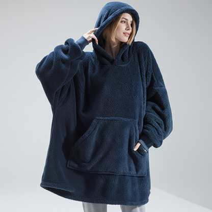 Close-up of double-faced fleece fabric on women's hoodie robe