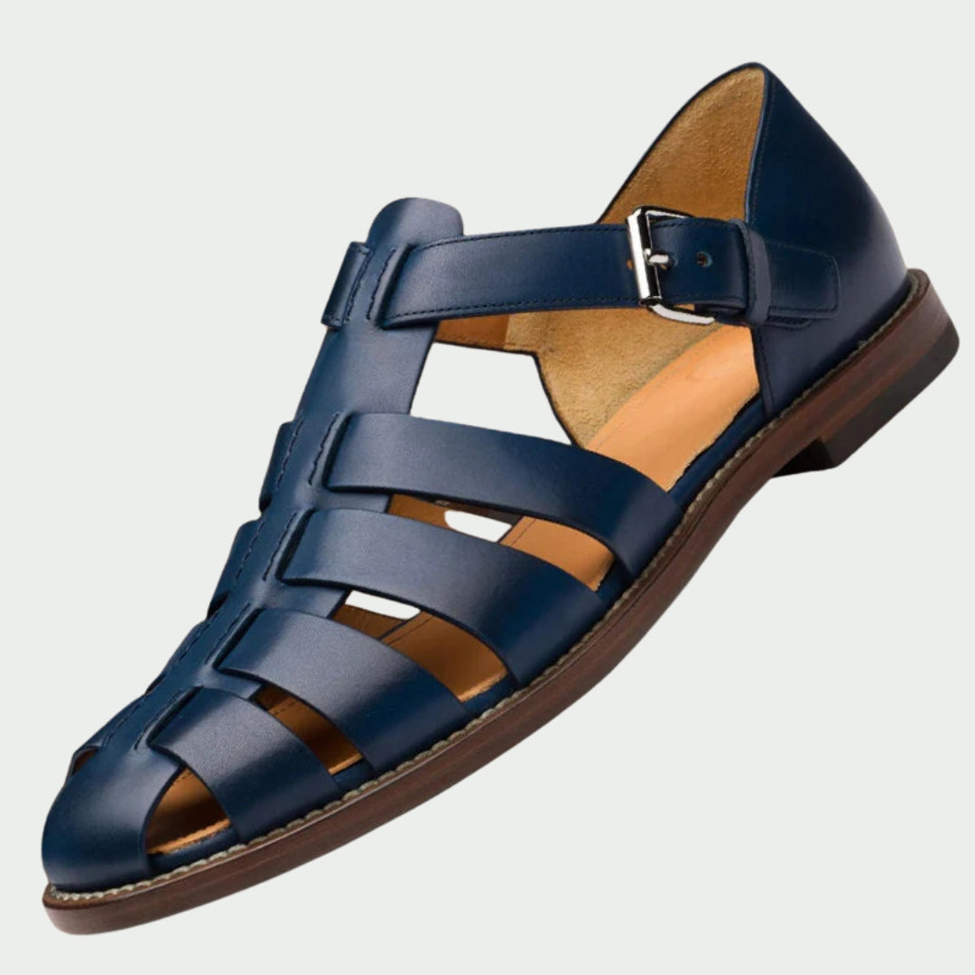Men's summer flat sandals in dark brown leather gladiator style