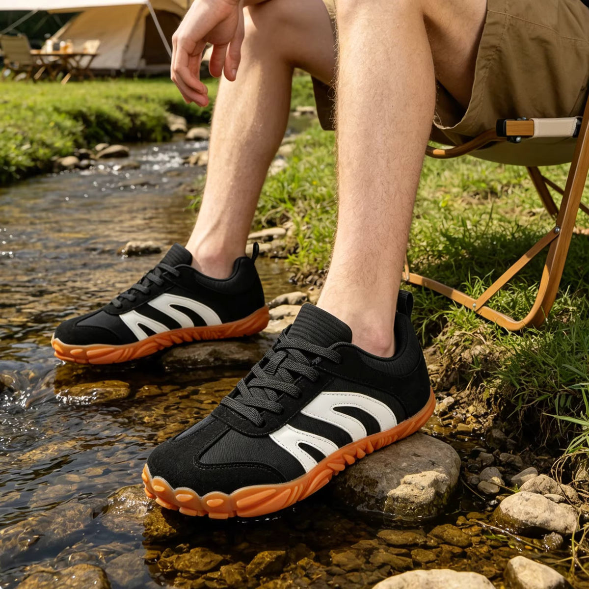 Lifestyle shot of Rovik beige sneakers worn with casual outfit