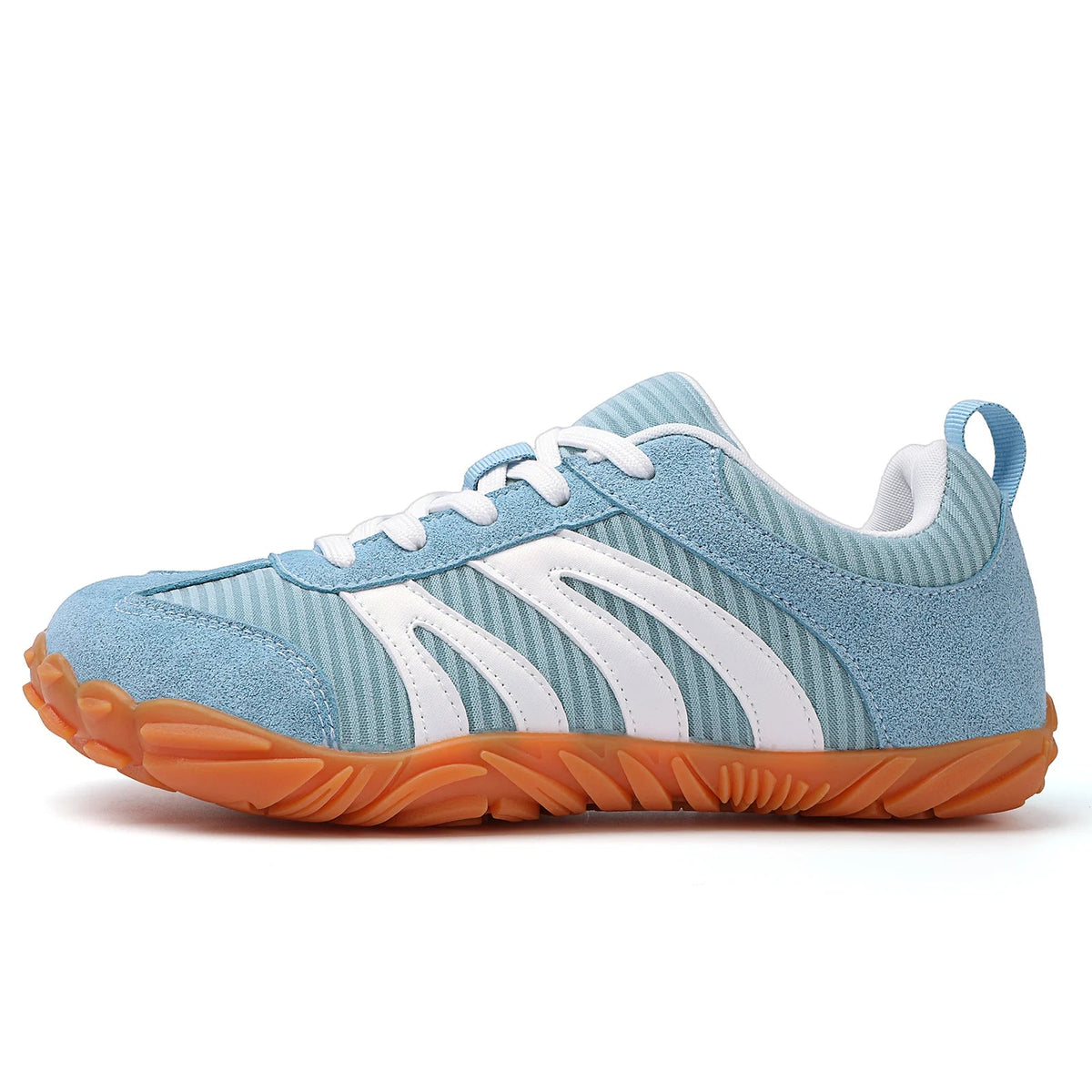 Side view of Rovik green unisex sneakers showing contrasting panels