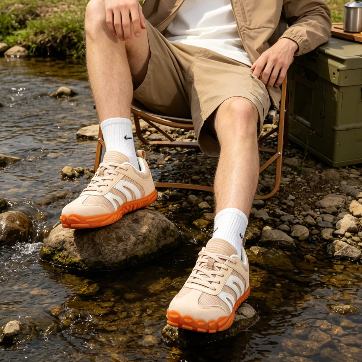 Rovik white sneakers worn outdoors on pavement, lifestyle image