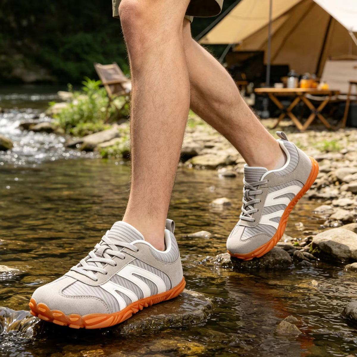 Rovik beige low-top sneakers with grooved outsole, angled view