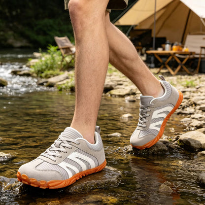 Rovik beige low-top sneakers with grooved outsole, angled view