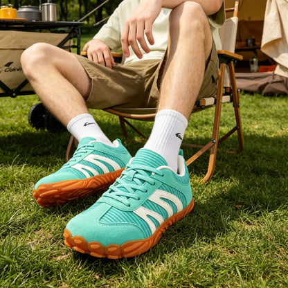 Rovik green sneakers worn for casual daily use, side lifestyle shot
