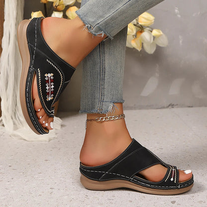 Blue casual women's wedge sandal with decorative embroidery