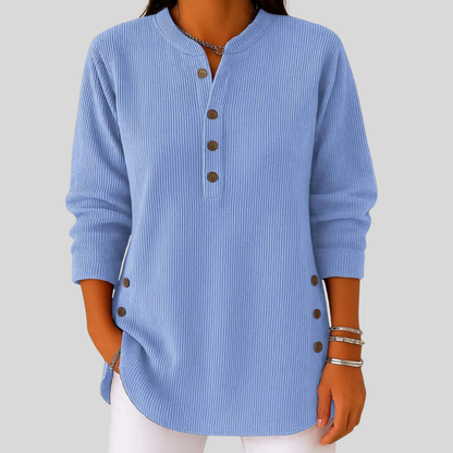 SERAPHINA™ Classic Crew-neck Pullover for women in blue ribbed knit with button side detail