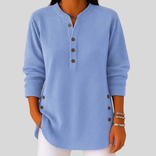 SERAPHINA™ Classic Crew-neck Pullover for women in blue ribbed knit with button side detail