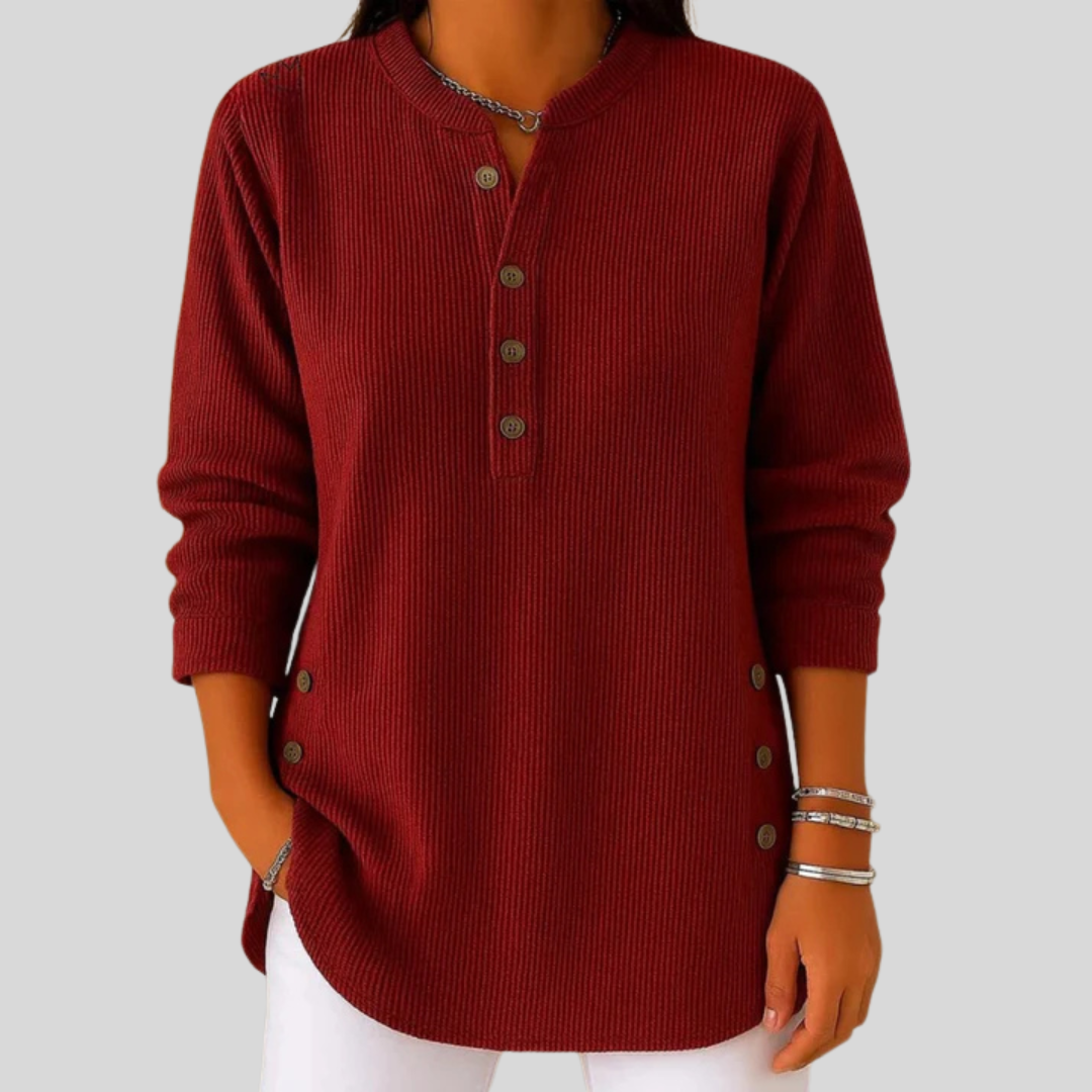 Women's crew-neck pullover in red ribbed fabric — SERAPHINA™ casual knitwear