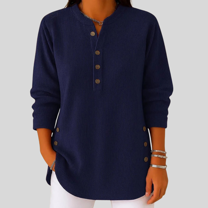 SERAPHINA™ women's pullover in white showing button side detail and relaxed fit