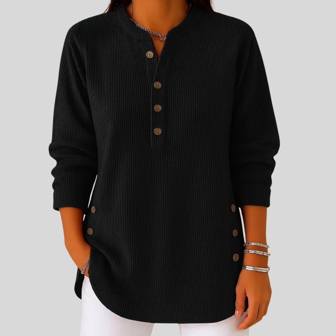 Black women's crew-neck pullover with button detail — SERAPHINA™ everyday knitwear
