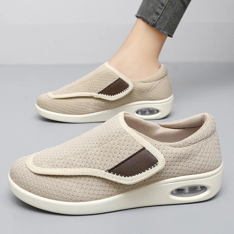 Beige adjustable diabetic walking shoes with soft breathable upper