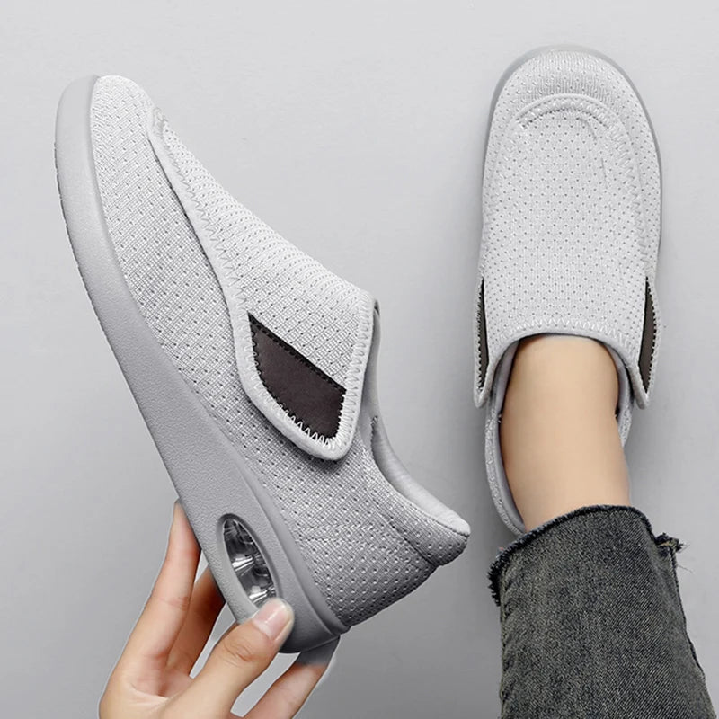 Top-down view of Strideo wide-fit orthopedic shoes in beige