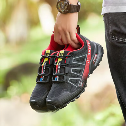 Traxon red women's anti-slip walking sneakers on path