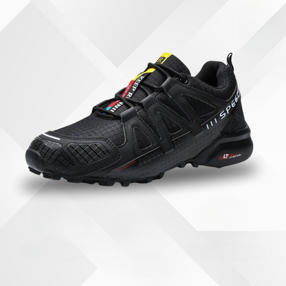 Traxon black-red sneakers showing ergonomic toe box design