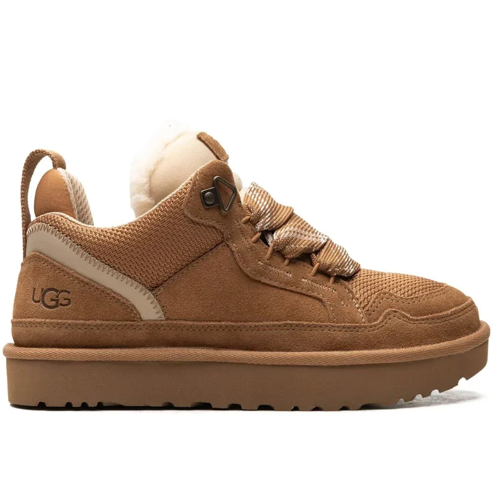 UGG Lowmel Sneaker pair displayed side by side – Sand, Chestnut and Black options