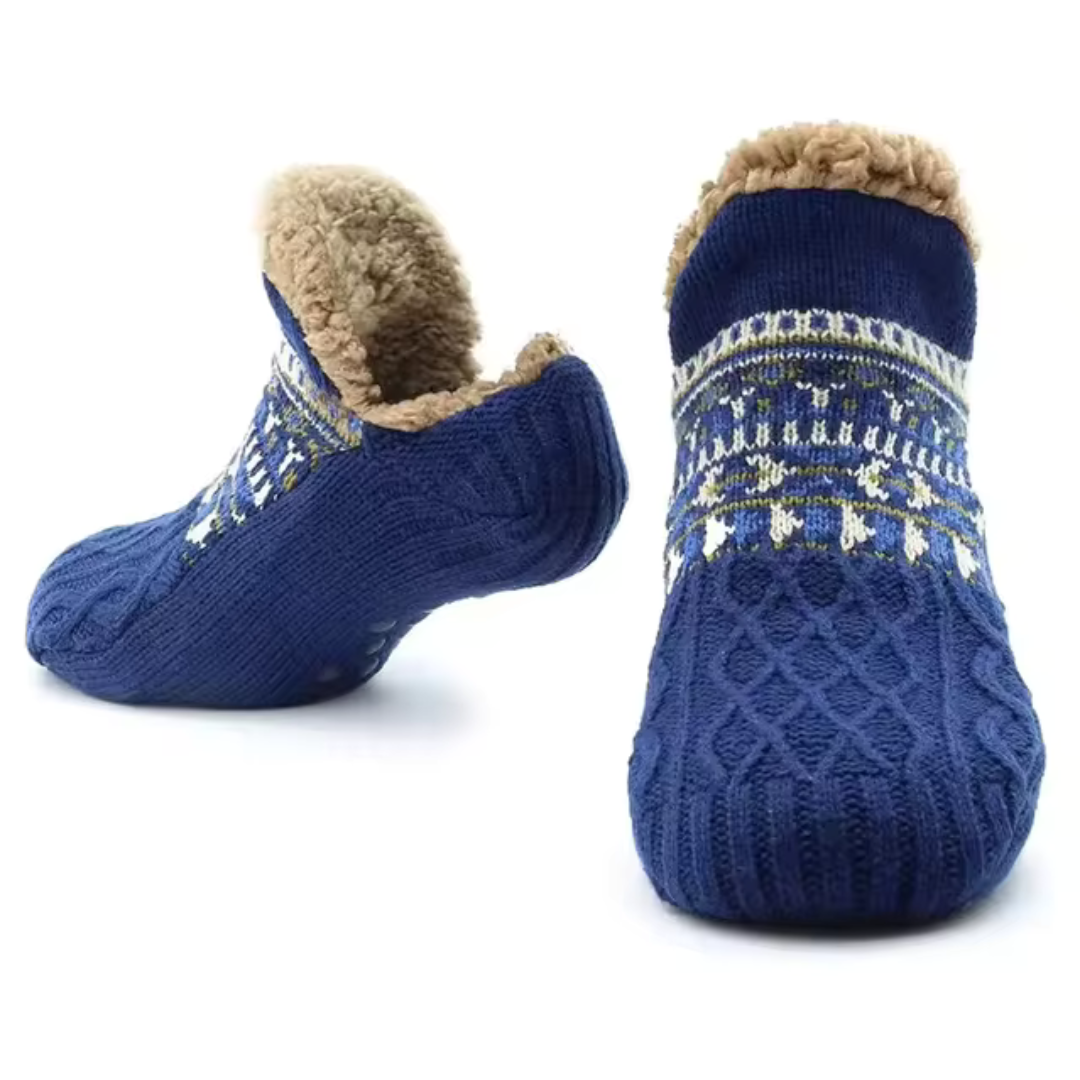 Frostly fleece socks worn on a wooden floor showing grip pattern