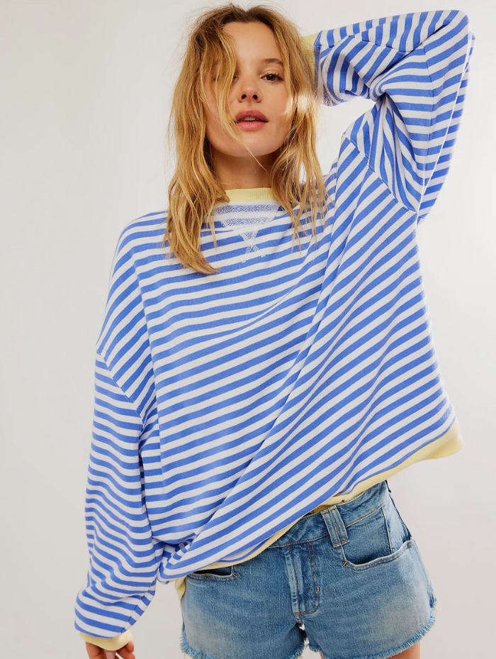 Velma women's casual knit sweater in light blue with bold stripe pattern