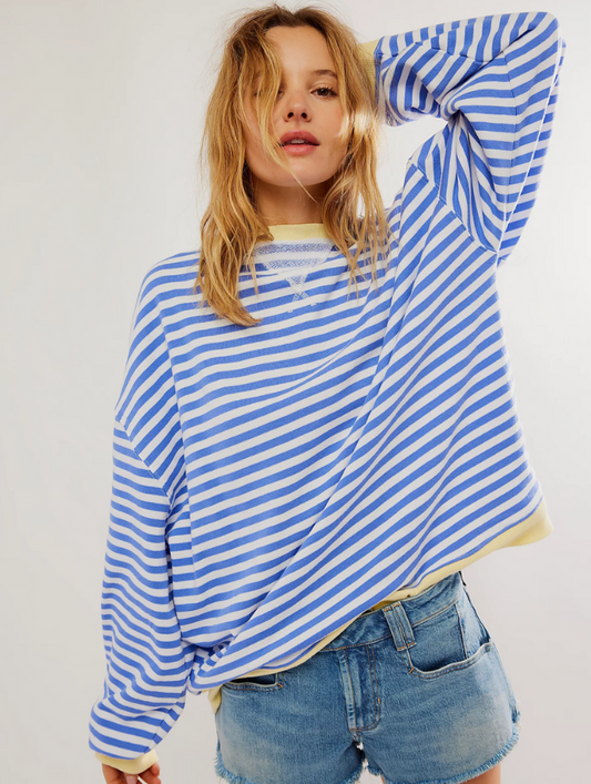 Velma women's casual knit sweater in light blue with bold stripe pattern