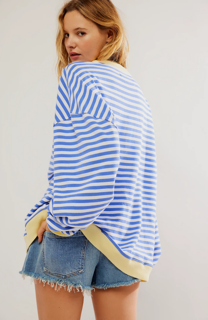 Front view of Velma relaxed fit women's sweater in blue black colorway
