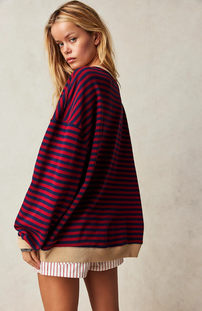 Detail shot of bold stripe pattern on Velma women's knit sweater