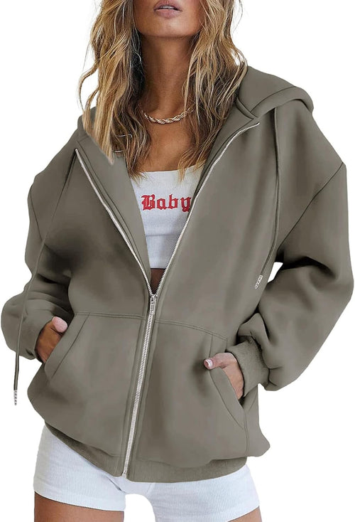 Virelle women's oversized zip-up hoodie in light brown with roomy hood