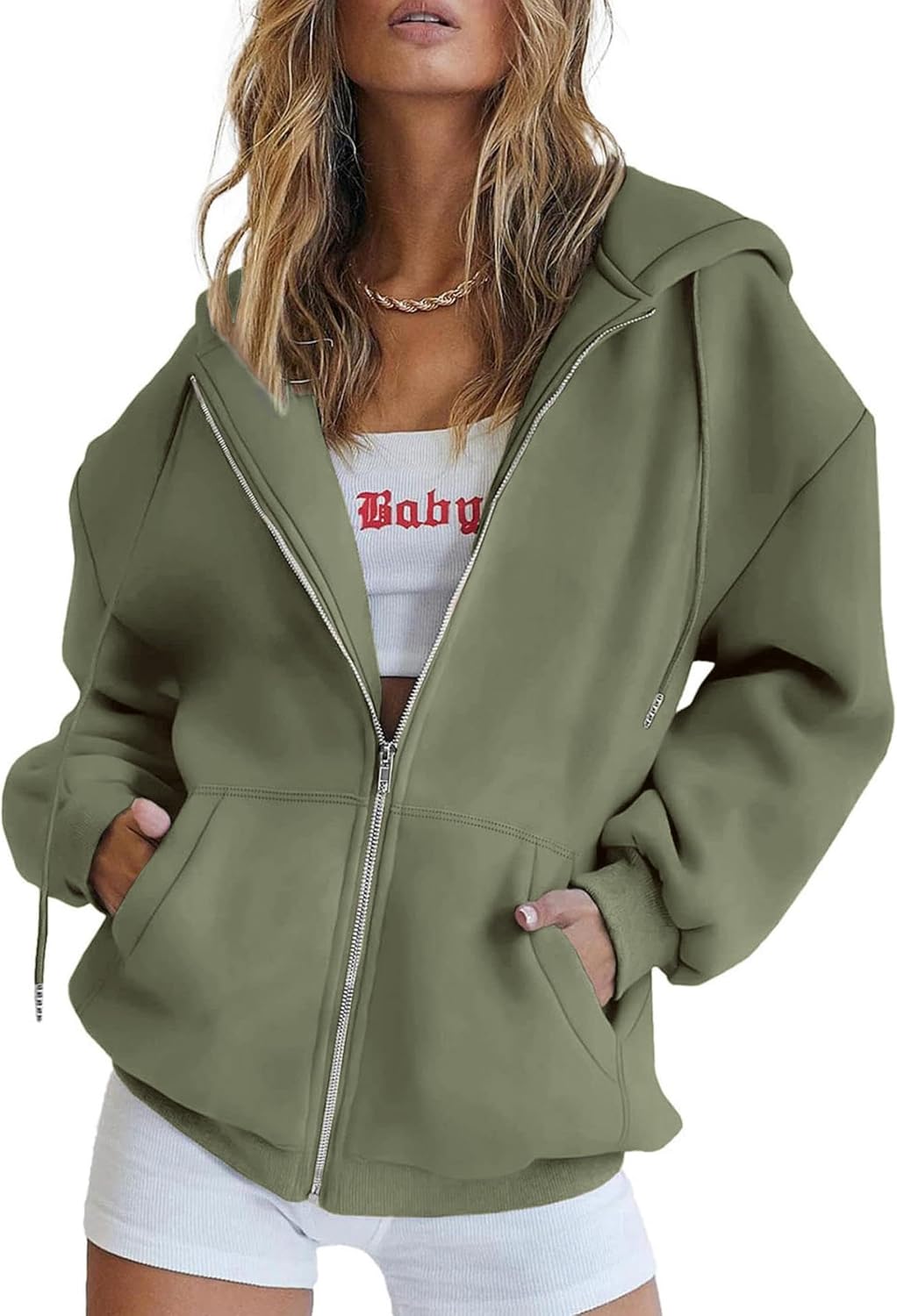 Virelle oversized hoodie in beige styled with jeans