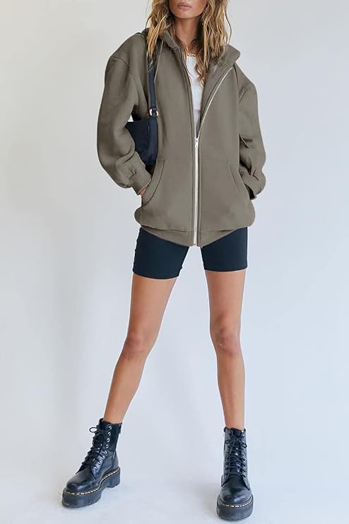 Front view of Virelle oversized hoodie showing full zip fastening