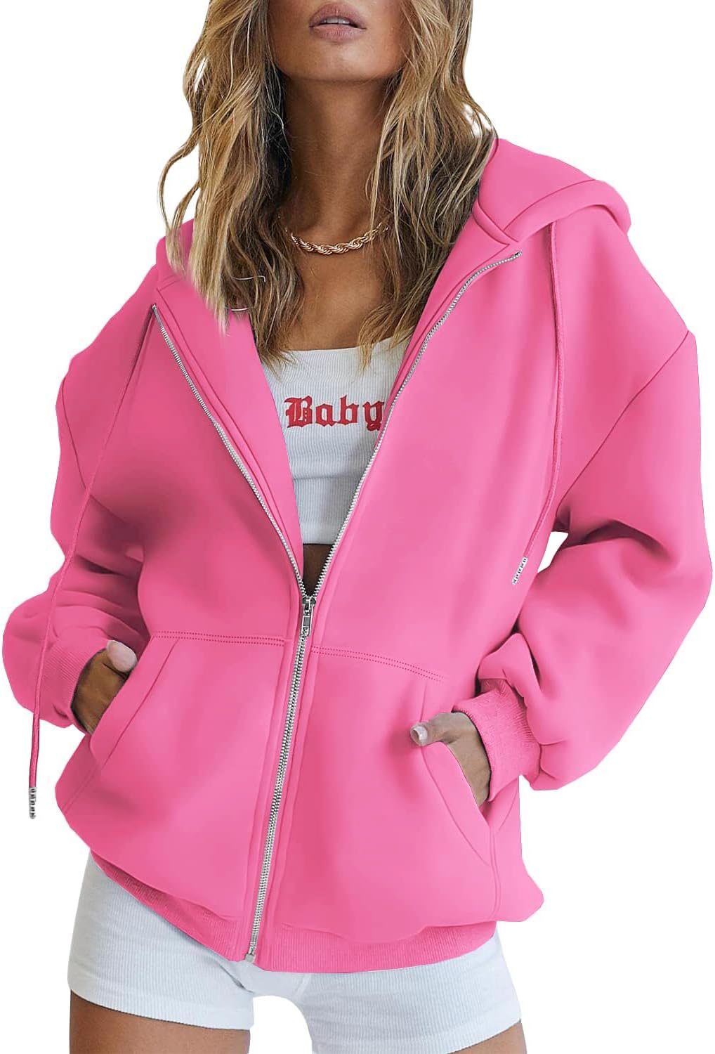 Side view of Virelle women's oversized hoodie in white showing long sleeves