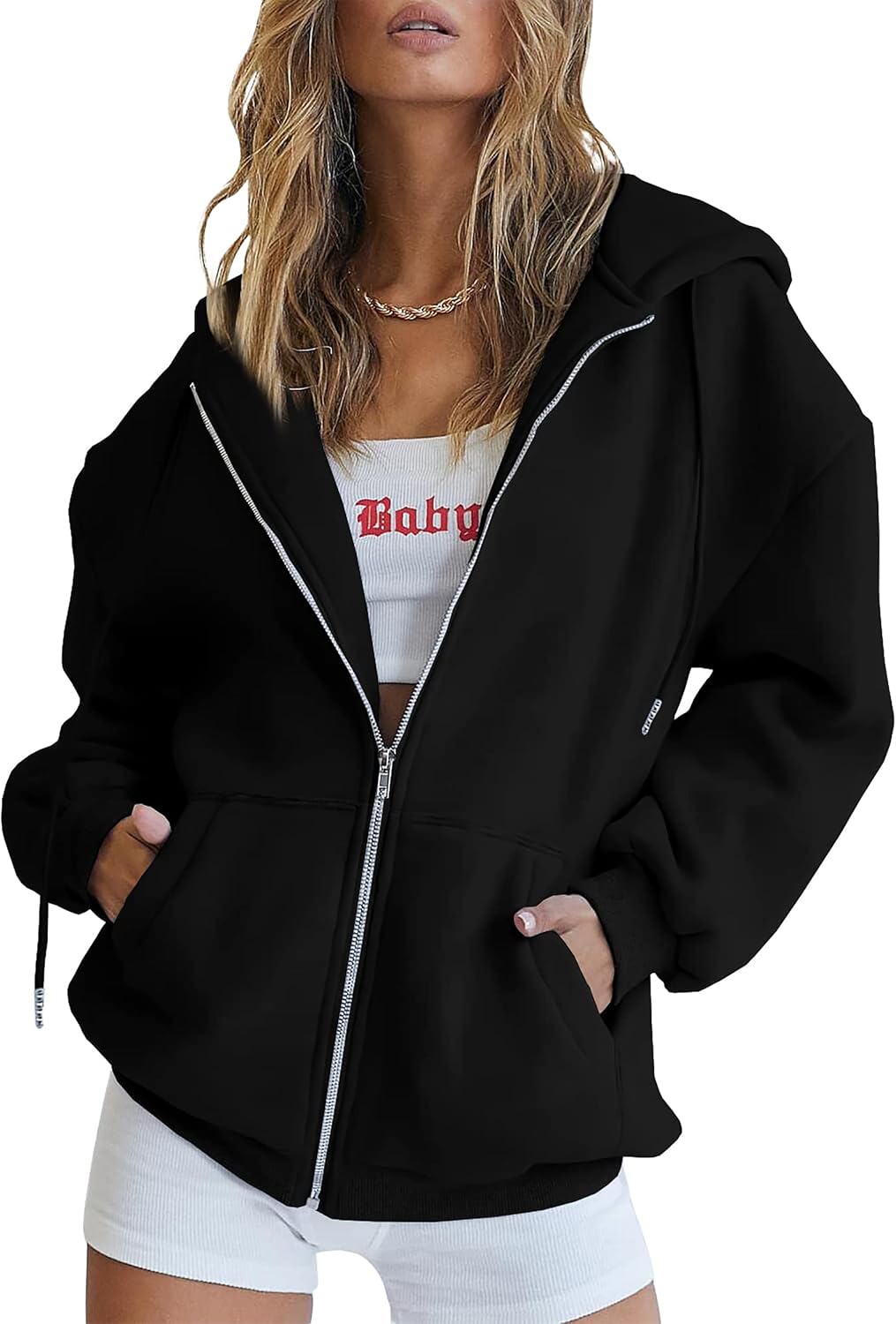 Virelle oversized zip-up hoodie in navy blue, casual style