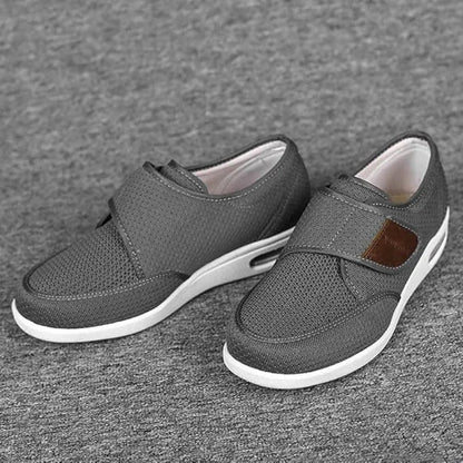 Wide-fit orthopedic shoes showing breathable stretch fabric upper