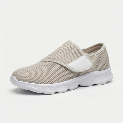 Top-down view of roomy toe box in wide-fit orthopedic walking shoe