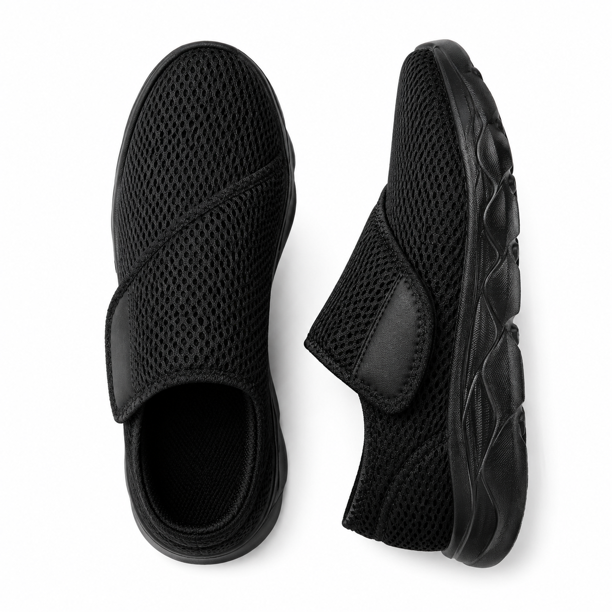 Stravio blue orthopedic walking shoe side profile with wide opening entry