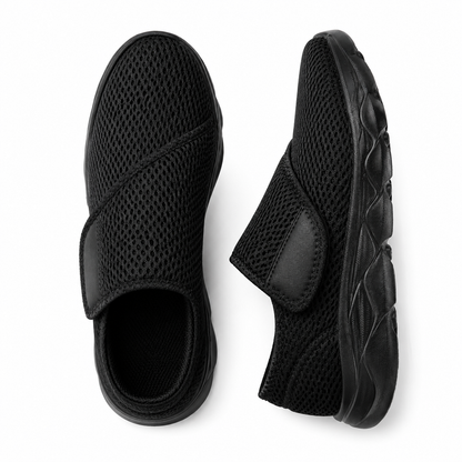 Stravio blue orthopedic walking shoe side profile with wide opening entry
