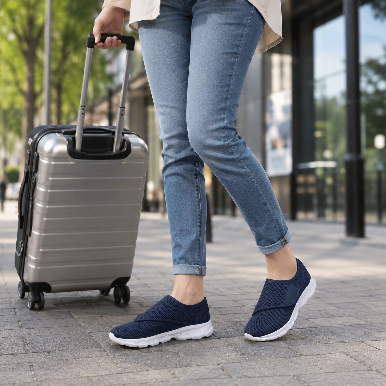 Lateral view of blue wide-fit orthopedic walking shoe with adjustable strap