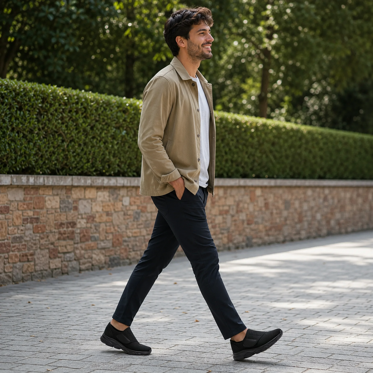 Stravio wide-fit walking shoe in black white showing toe box width