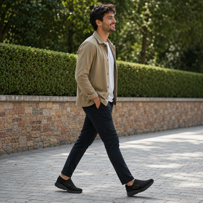 Stravio wide-fit walking shoe in black white showing toe box width