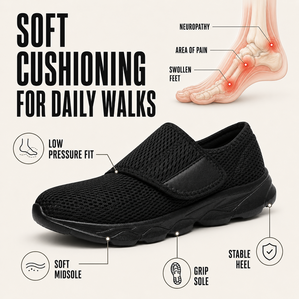 Front view of wide-fit orthopedic shoe showing roomy toe box design