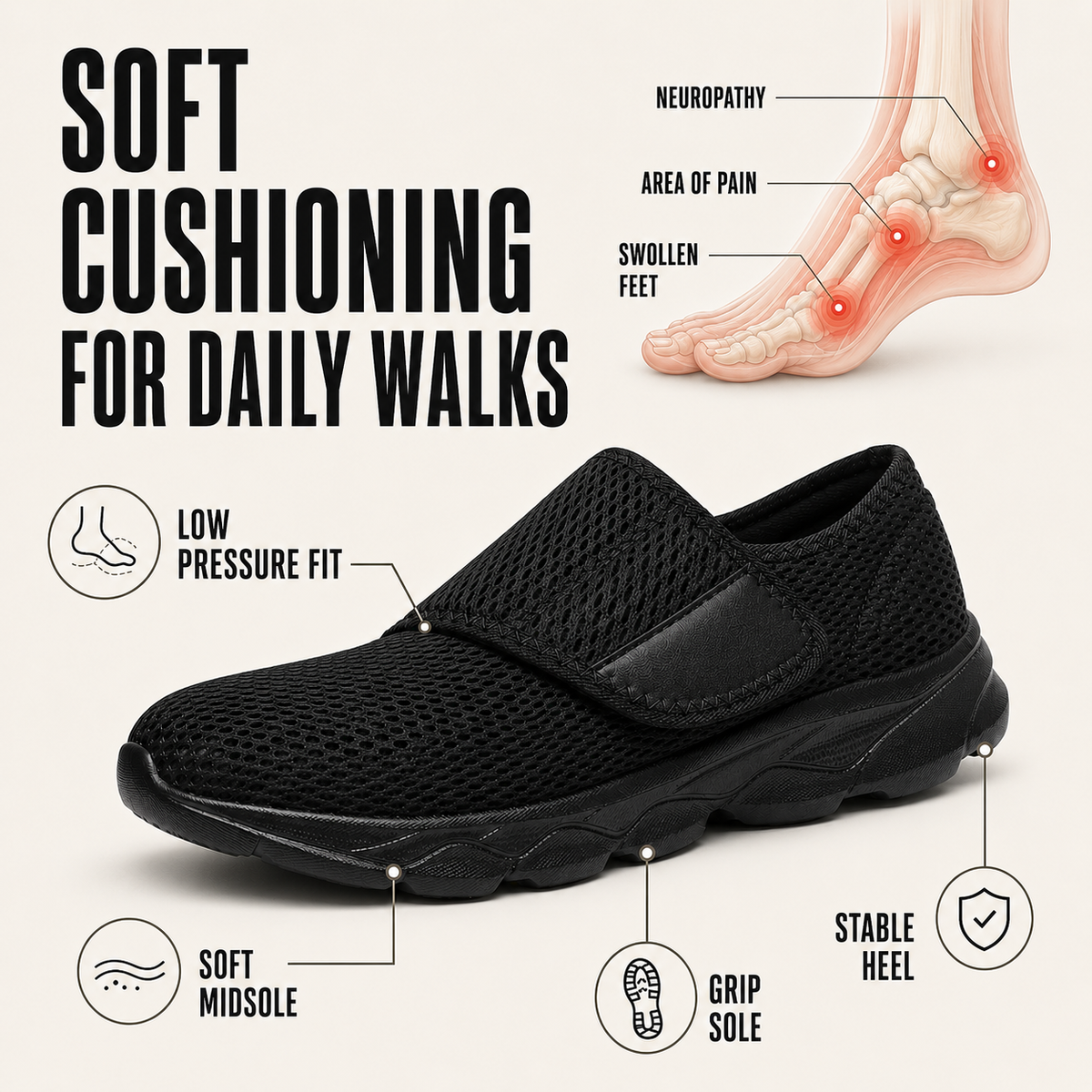 Front view of wide-fit orthopedic shoe showing roomy toe box design