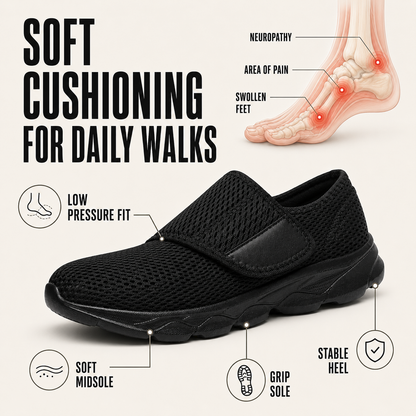 Front view of wide-fit orthopedic shoe showing roomy toe box design