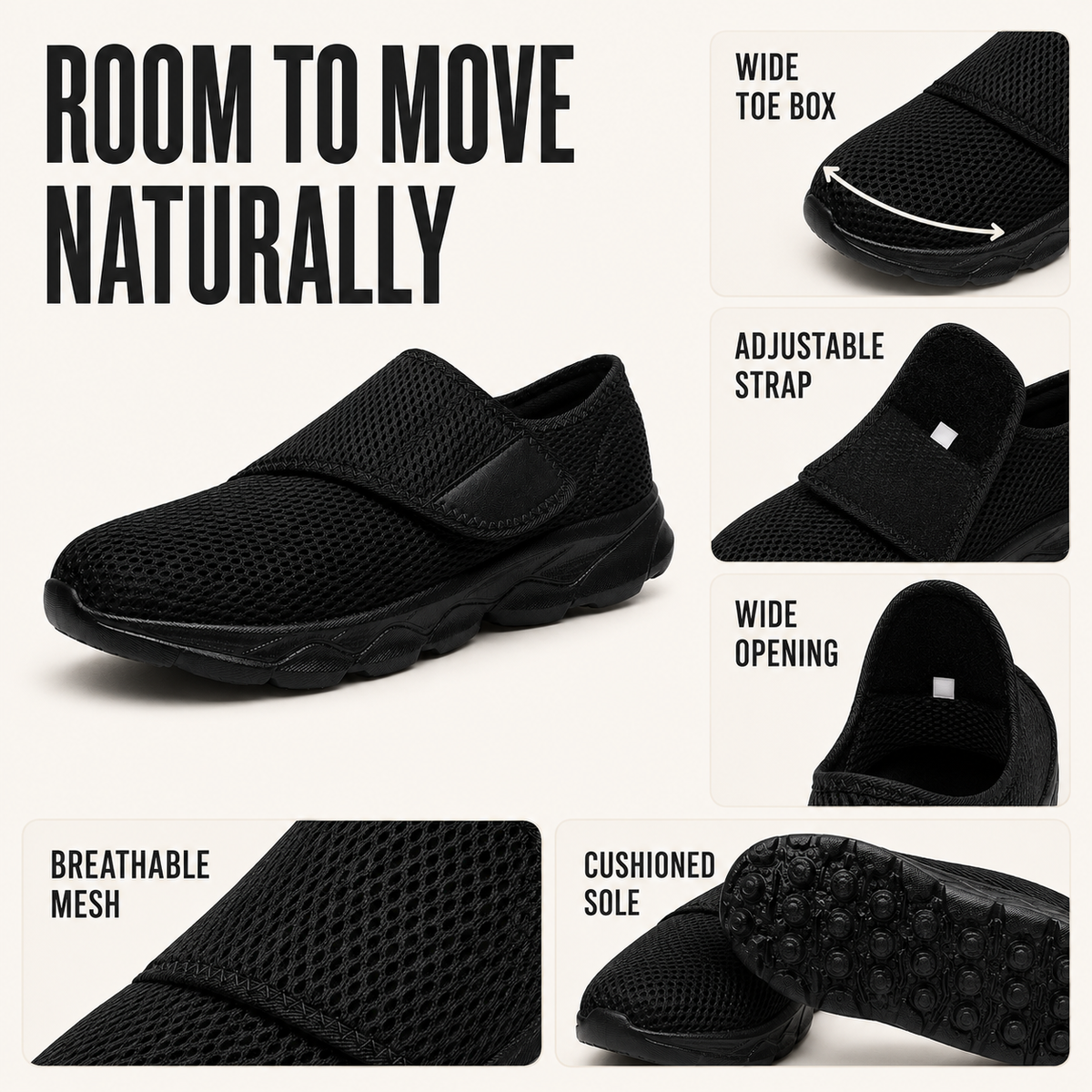 Black and white wide-fit walking shoe with adjustable strap closure