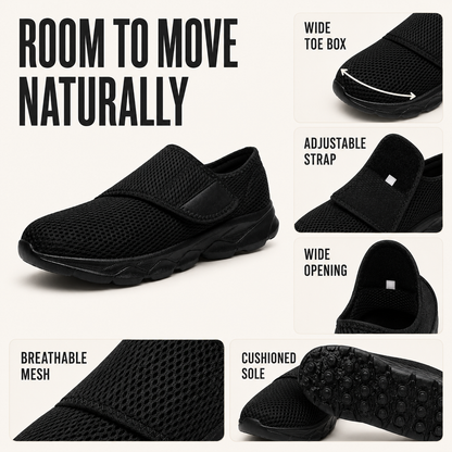 Black and white wide-fit walking shoe with adjustable strap closure