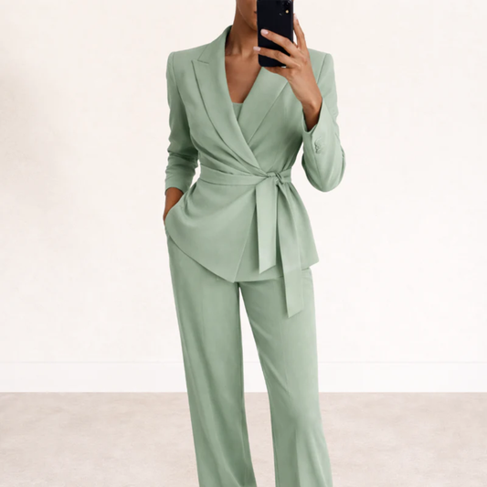 Margaux women's belted blazer and wide-leg trouser set in green
