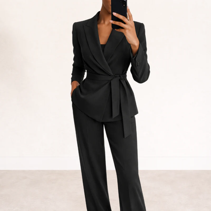 Women's office-to-evening two-piece blazer and trouser set — full length view